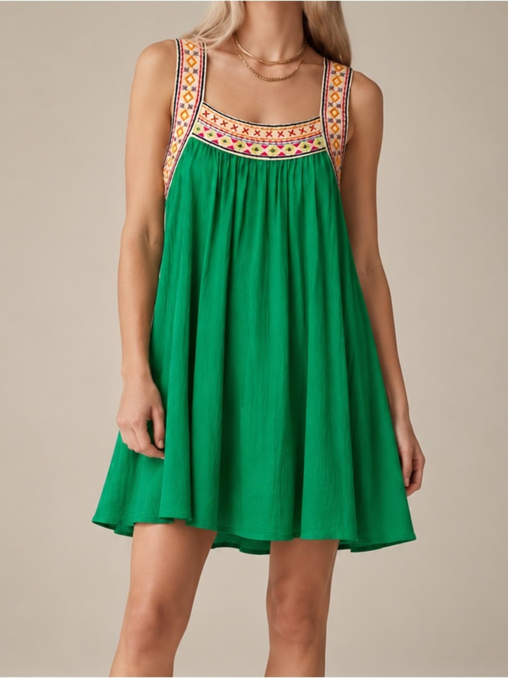 The Impeccable Pig Embroidered Green Shift Dress Boho Size Small